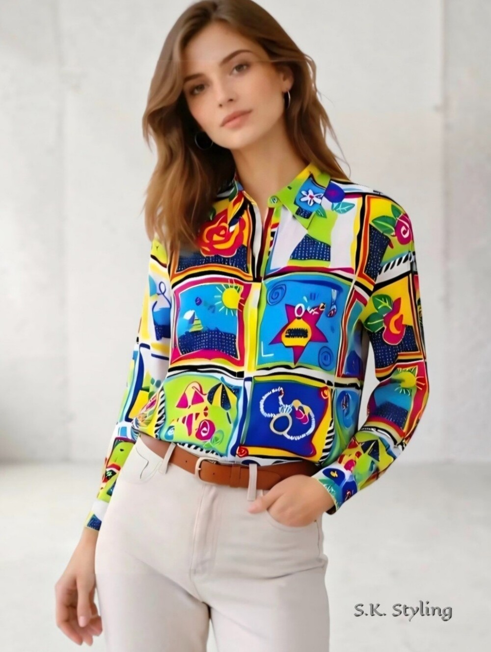 NEW Vtg 90's PIANO 100% Silk Art to Wear Button-up Blouse Long Sleeve Womens L